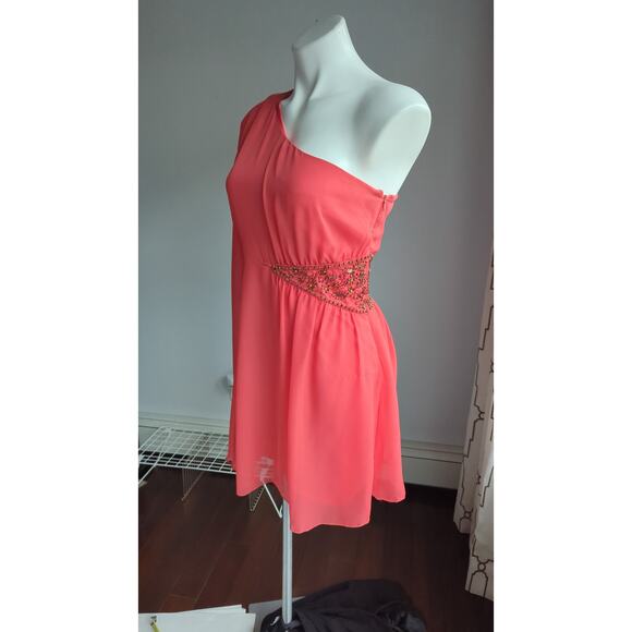 Free People One Shoulder Beaded Chiffon Mini Dress size 4  Papaya Party   Small - Picture 7 of 13